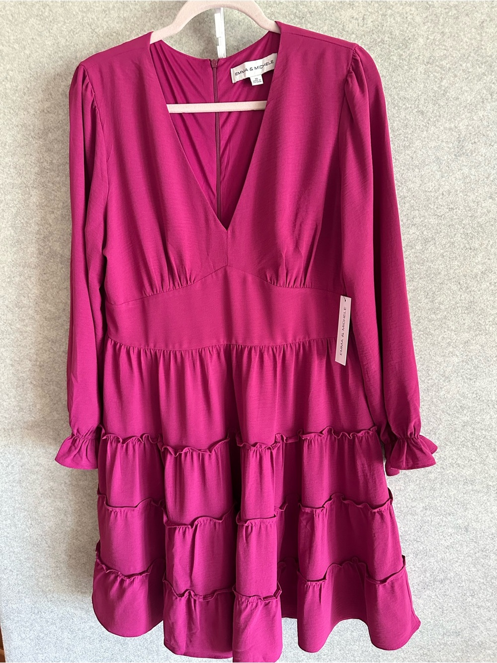 Emma & Michele Magenta Tiered V‑Neck Long‑Sleeve Dress